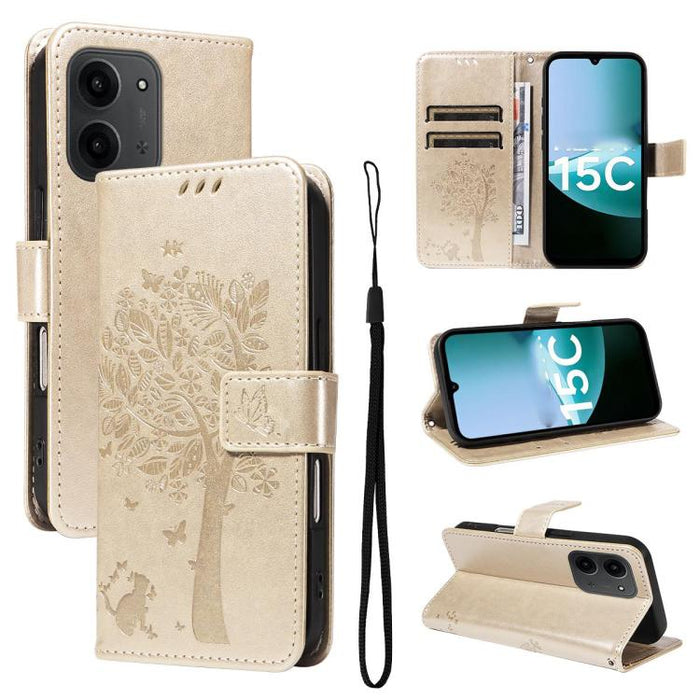 Funda de cuero con tapa para teléfono con estampado en relieve de árbol y gato, For Redmi A5 4G 173.3mm, For Redmi Note 14S 4G / Note 13 Pro 4G, For Redmi K80 / K80 Pro, For Redmi Note 14 4G Global 163.25mm, For Redmi Note 14 5G                        ...