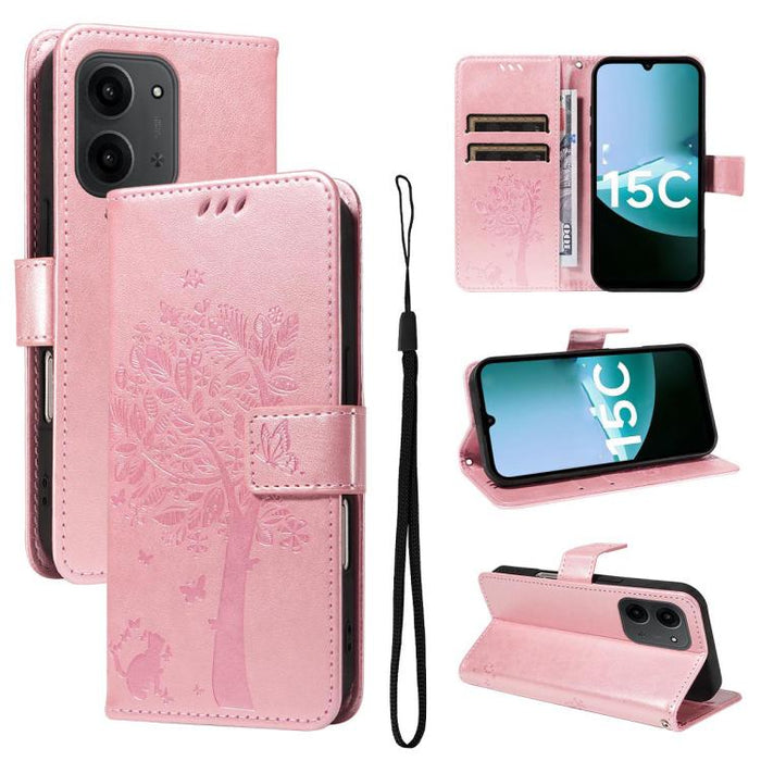 Funda de cuero con tapa para teléfono con estampado en relieve de árbol y gato, For Redmi A5 4G 173.3mm, For Redmi Note 14S 4G / Note 13 Pro 4G, For Redmi K80 / K80 Pro, For Redmi Note 14 4G Global 163.25mm, For Redmi Note 14 5G                        ...