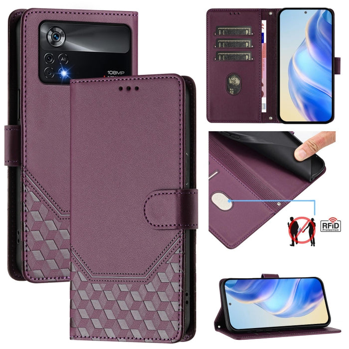 Funda de cuero para teléfono con RFID y estampado en panal, For Xiaomi Poco C40 / Redmi 10C, For Xiaomi Civi 1S, For Xiaomi Poco M4 Pro 4G, For Xiaomi Poco X4 Pro 5G, For Xiaomi Mi 11 Lite / Mi 11 Lite 5G NE, For Xiaomi 11T / 11T Pro                   ...