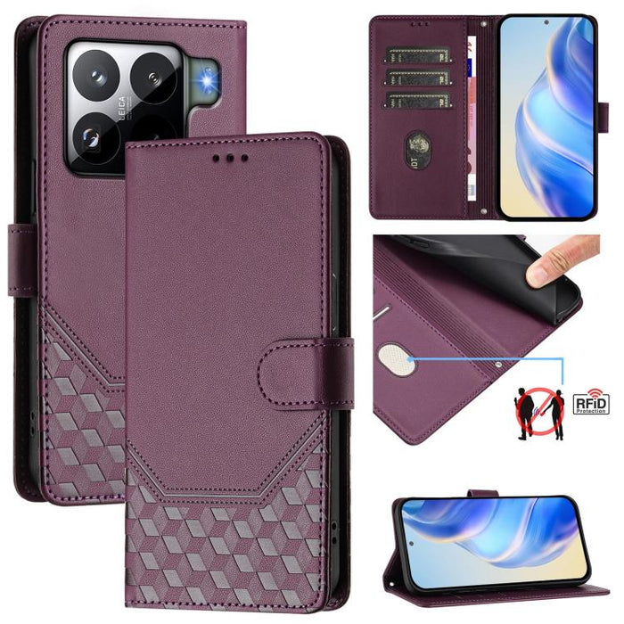 Funda de cuero para teléfono con RFID y estampado en panal, For Redmi 15 5G Global / 15 4G SEA 169.5mm, For Xiaomi 15T Pro 5G, For Xiaomi 15T 5G, For Xiaomi Civi 5 Pro 5G, For Xiaomi 15S Pro 5G, For Xiaomi Poco M6 Plus / Redmi 13x 4G                   ...