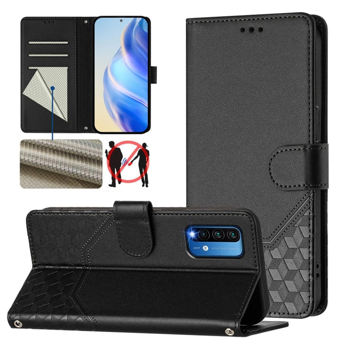 Funda para teléfono de cuero RFID con relieve en forma de panal, For Redmi Note 9T Global