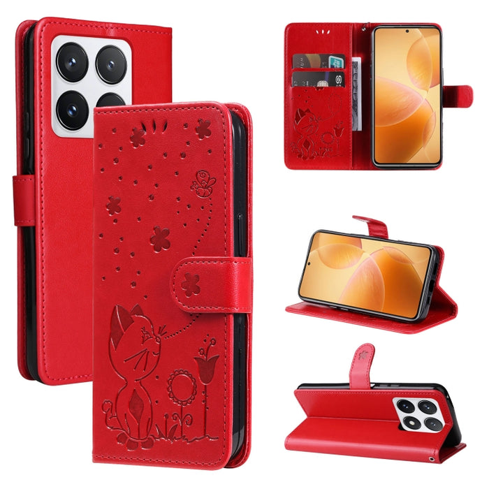 Funda de cuero con tapa para teléfono con estampado de gato y abeja, For Xiaomi 17 Max 5G, For Xiaomi 17T Pro 5G Global, For Xiaomi 17T 5G Global, For Xiaomi 17 Ultra, For Xiaomi 17 Pro Max, For Xiaomi 17, For Xiaomi Poco M7 4G 169mm                   ...