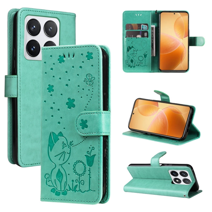 Funda de cuero con tapa para teléfono con estampado de gato y abeja, For Xiaomi 17 Max 5G, For Xiaomi 17T Pro 5G Global, For Xiaomi 17T 5G Global, For Xiaomi 17 Ultra, For Xiaomi 17 Pro Max, For Xiaomi 17, For Xiaomi Poco M7 4G 169mm                   ...