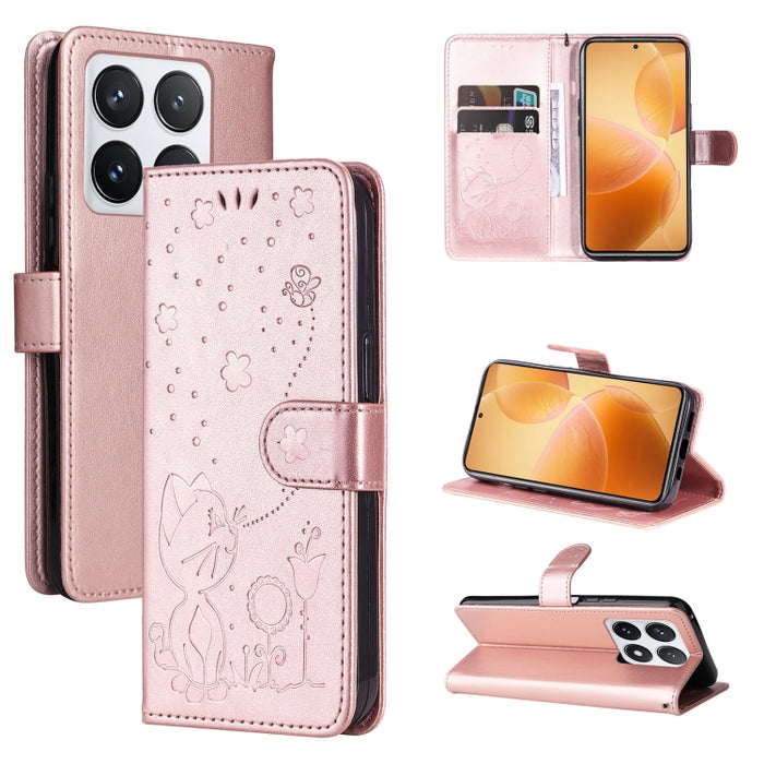 Funda de cuero con tapa para teléfono con estampado de gato y abeja, For Xiaomi 17 Max 5G, For Xiaomi 17T Pro 5G Global, For Xiaomi 17T 5G Global, For Xiaomi 17 Ultra, For Xiaomi 17 Pro Max, For Xiaomi 17, For Xiaomi Poco M7 4G 169mm                   ...