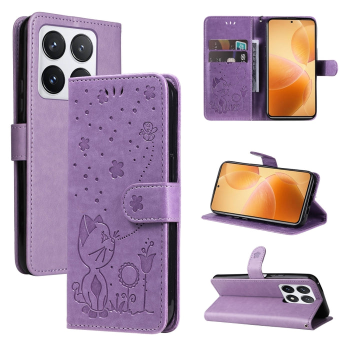 Funda de cuero con tapa para teléfono con estampado de gato y abeja, For Xiaomi 17 Max 5G, For Xiaomi 17T Pro 5G Global, For Xiaomi 17T 5G Global, For Xiaomi 17 Ultra, For Xiaomi 17 Pro Max, For Xiaomi 17, For Xiaomi Poco M7 4G 169mm                   ...