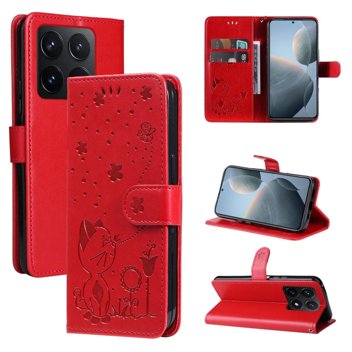 Funda de cuero con tapa para teléfono con estampado de gato y abeja, For Xiaomi 17 Max 5G, For Xiaomi 17T Pro 5G Global, For Xiaomi 17T 5G Global, For Xiaomi 17 Ultra, For Xiaomi 17 Pro Max, For Xiaomi 17, For Xiaomi Poco M7 4G 169mm                   ...