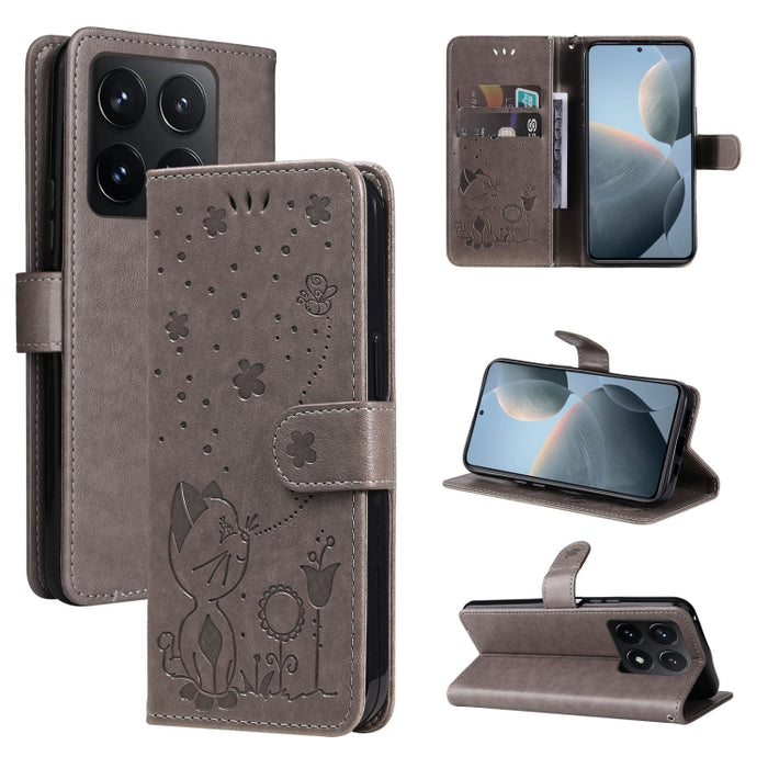 Funda de cuero con tapa para teléfono con estampado de gato y abeja, For Xiaomi 17 Max 5G, For Xiaomi 17T Pro 5G Global, For Xiaomi 17T 5G Global, For Xiaomi 17 Ultra, For Xiaomi 17 Pro Max, For Xiaomi 17, For Xiaomi Poco M7 4G 169mm                   ...
