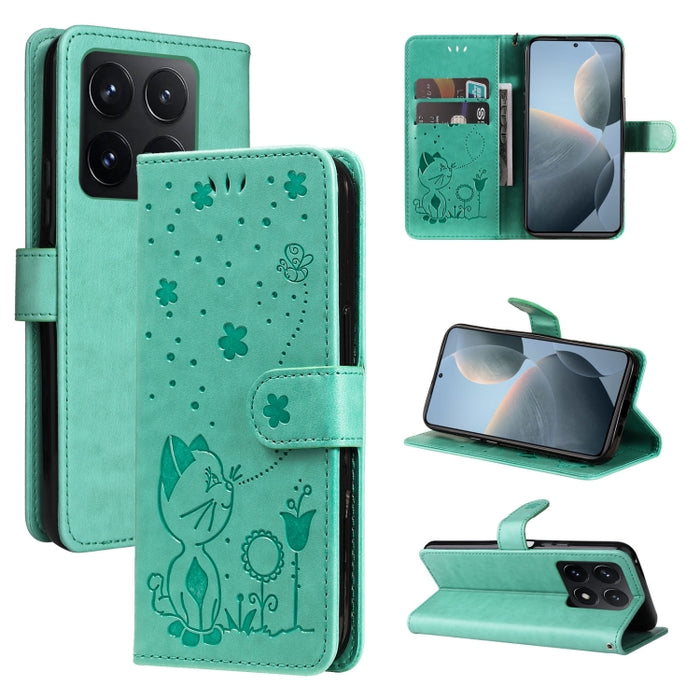 Funda de cuero con tapa para teléfono con estampado de gato y abeja, For Xiaomi 17 Max 5G, For Xiaomi 17T Pro 5G Global, For Xiaomi 17T 5G Global, For Xiaomi 17 Ultra, For Xiaomi 17 Pro Max, For Xiaomi 17, For Xiaomi Poco M7 4G 169mm                   ...