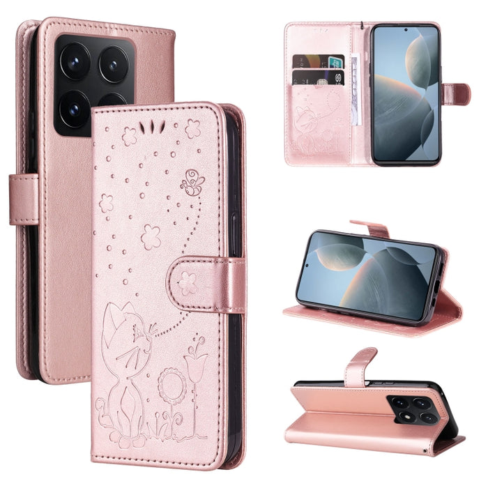 Funda de cuero con tapa para teléfono con estampado de gato y abeja, For Xiaomi 17 Max 5G, For Xiaomi 17T Pro 5G Global, For Xiaomi 17T 5G Global, For Xiaomi 17 Ultra, For Xiaomi 17 Pro Max, For Xiaomi 17, For Xiaomi Poco M7 4G 169mm                   ...