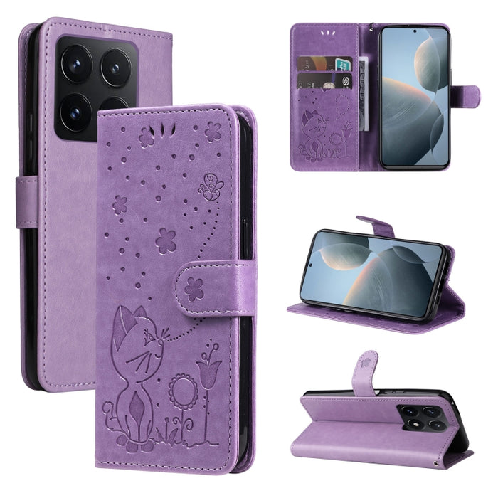 Funda de cuero con tapa para teléfono con estampado de gato y abeja, For Xiaomi 17 Max 5G, For Xiaomi 17T Pro 5G Global, For Xiaomi 17T 5G Global, For Xiaomi 17 Ultra, For Xiaomi 17 Pro Max, For Xiaomi 17, For Xiaomi Poco M7 4G 169mm                   ...