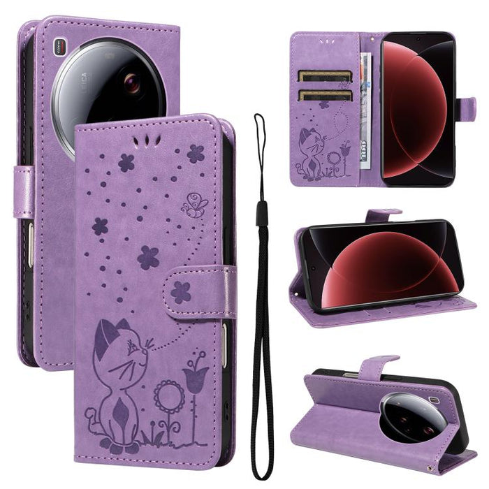 Funda de cuero con tapa para teléfono con estampado de gato y abeja, For Xiaomi 17 Max 5G, For Xiaomi 17T Pro 5G Global, For Xiaomi 17T 5G Global, For Xiaomi 17 Ultra, For Xiaomi 17 Pro Max, For Xiaomi 17, For Xiaomi Poco M7 4G 169mm                   ...