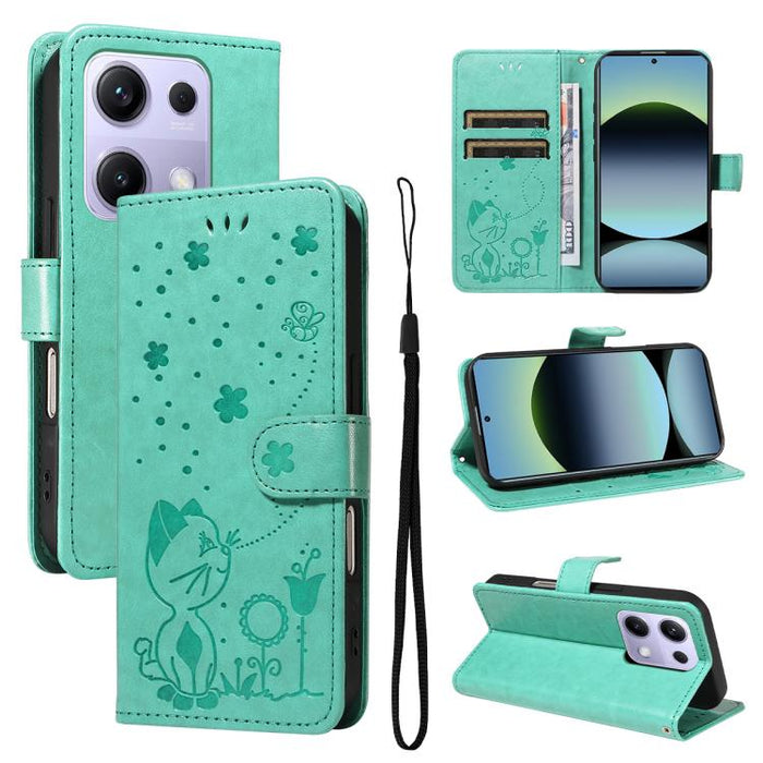 Funda de cuero con tapa para teléfono con estampado de gato y abeja, For Xiaomi 17 Max 5G, For Xiaomi 17T Pro 5G Global, For Xiaomi 17T 5G Global, For Xiaomi 17 Ultra, For Xiaomi 17 Pro Max, For Xiaomi 17, For Xiaomi Poco M7 4G 169mm                   ...