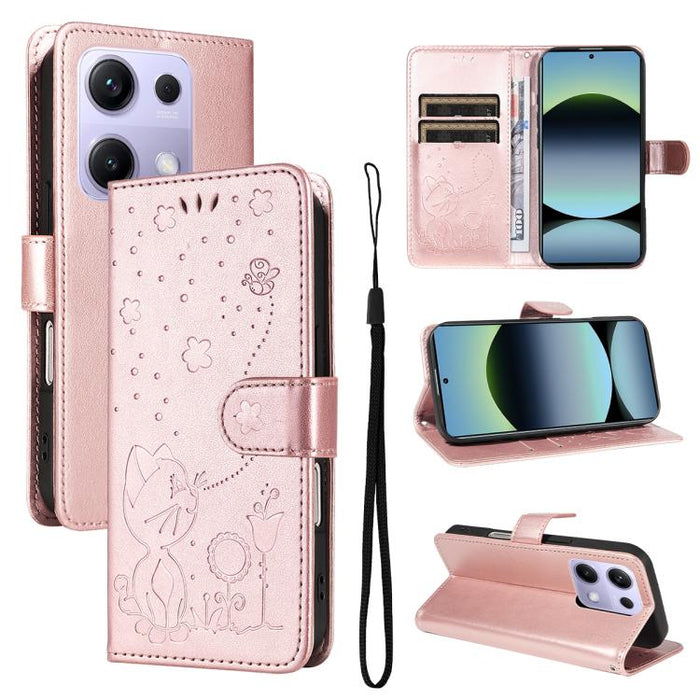 Funda de cuero con tapa para teléfono con estampado de gato y abeja, For Xiaomi 17 Max 5G, For Xiaomi 17T Pro 5G Global, For Xiaomi 17T 5G Global, For Xiaomi 17 Ultra, For Xiaomi 17 Pro Max, For Xiaomi 17, For Xiaomi Poco M7 4G 169mm                   ...