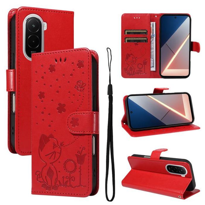 Funda de cuero con tapa para teléfono con estampado de gato y abeja, For Xiaomi 17 Max 5G, For Xiaomi 17T Pro 5G Global, For Xiaomi 17T 5G Global, For Xiaomi 17 Ultra, For Xiaomi 17 Pro Max, For Xiaomi 17, For Xiaomi Poco M7 4G 169mm                   ...