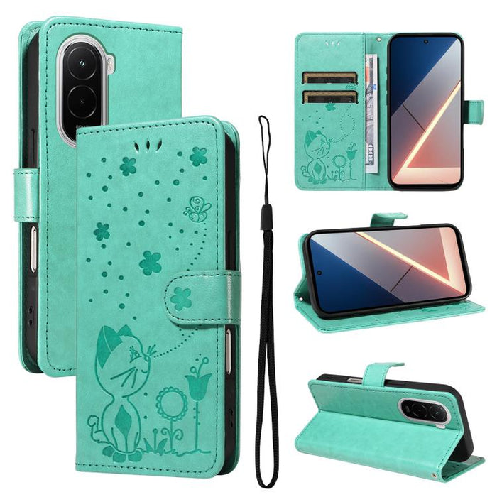 Funda de cuero con tapa para teléfono con estampado de gato y abeja, For Xiaomi 17 Max 5G, For Xiaomi 17T Pro 5G Global, For Xiaomi 17T 5G Global, For Xiaomi 17 Ultra, For Xiaomi 17 Pro Max, For Xiaomi 17, For Xiaomi Poco M7 4G 169mm                   ...