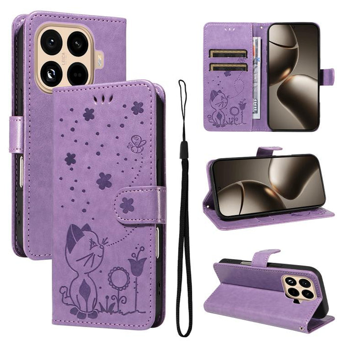 Funda de cuero con tapa para teléfono con estampado de gato y abeja, For Xiaomi 17 Max 5G, For Xiaomi 17T Pro 5G Global, For Xiaomi 17T 5G Global, For Xiaomi 17 Ultra, For Xiaomi 17 Pro Max, For Xiaomi 17, For Xiaomi Poco M7 4G 169mm                   ...