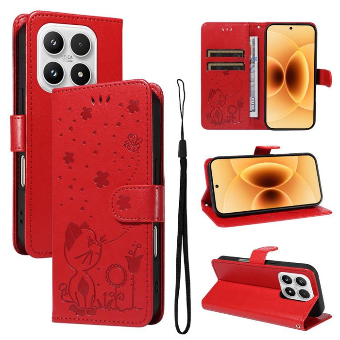 Funda de cuero con tapa para teléfono con estampado de gato y abeja, For Xiaomi 17 Max 5G, For Xiaomi 17T Pro 5G Global, For Xiaomi 17T 5G Global, For Xiaomi 17 Ultra, For Xiaomi 17 Pro Max, For Xiaomi 17, For Xiaomi Poco M7 4G 169mm                   ...