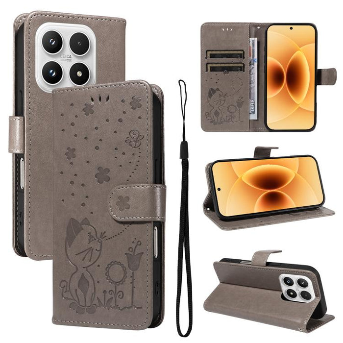 Funda de cuero con tapa para teléfono con estampado de gato y abeja, For Xiaomi 17 Max 5G, For Xiaomi 17T Pro 5G Global, For Xiaomi 17T 5G Global, For Xiaomi 17 Ultra, For Xiaomi 17 Pro Max, For Xiaomi 17, For Xiaomi Poco M7 4G 169mm                   ...