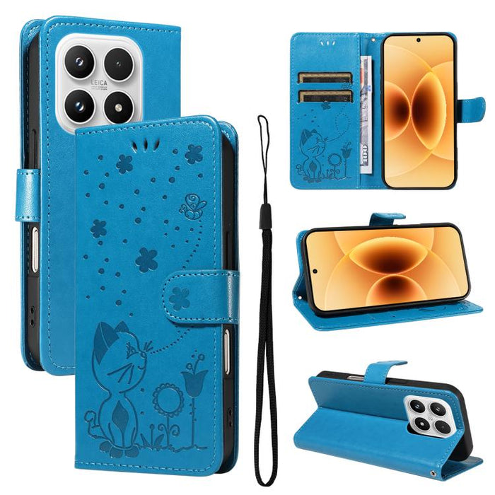 Funda de cuero con tapa para teléfono con estampado de gato y abeja, For Xiaomi 17 Max 5G, For Xiaomi 17T Pro 5G Global, For Xiaomi 17T 5G Global, For Xiaomi 17 Ultra, For Xiaomi 17 Pro Max, For Xiaomi 17, For Xiaomi Poco M7 4G 169mm                   ...
