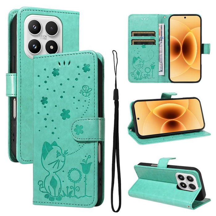Funda de cuero con tapa para teléfono con estampado de gato y abeja, For Xiaomi 17 Max 5G, For Xiaomi 17T Pro 5G Global, For Xiaomi 17T 5G Global, For Xiaomi 17 Ultra, For Xiaomi 17 Pro Max, For Xiaomi 17, For Xiaomi Poco M7 4G 169mm                   ...
