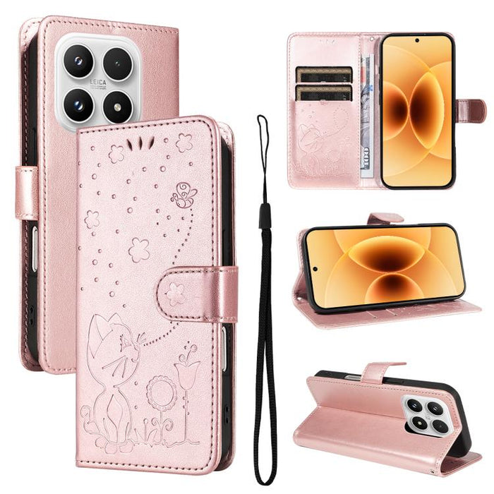Funda de cuero con tapa para teléfono con estampado de gato y abeja, For Xiaomi 17 Max 5G, For Xiaomi 17T Pro 5G Global, For Xiaomi 17T 5G Global, For Xiaomi 17 Ultra, For Xiaomi 17 Pro Max, For Xiaomi 17, For Xiaomi Poco M7 4G 169mm                   ...