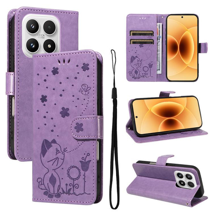 Funda de cuero con tapa para teléfono con estampado de gato y abeja, For Xiaomi 17 Max 5G, For Xiaomi 17T Pro 5G Global, For Xiaomi 17T 5G Global, For Xiaomi 17 Ultra, For Xiaomi 17 Pro Max, For Xiaomi 17, For Xiaomi Poco M7 4G 169mm                   ...