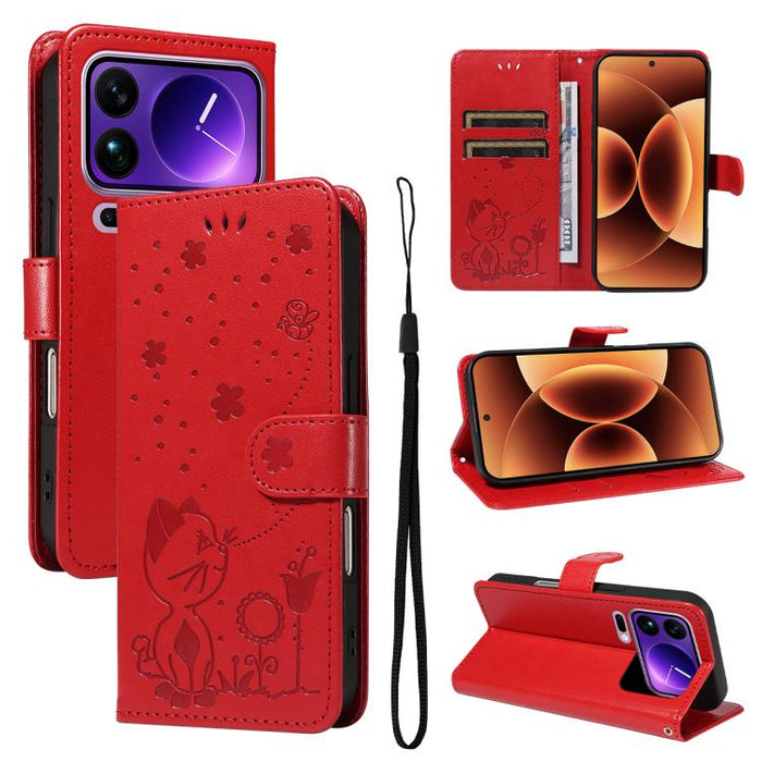Funda de cuero con tapa para teléfono con estampado de gato y abeja, For Xiaomi 17 Max 5G, For Xiaomi 17T Pro 5G Global, For Xiaomi 17T 5G Global, For Xiaomi 17 Ultra, For Xiaomi 17 Pro Max, For Xiaomi 17, For Xiaomi Poco M7 4G 169mm                   ...