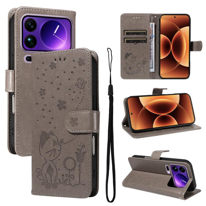 Funda de cuero con tapa para teléfono con estampado de gato y abeja, For Xiaomi 17 Max 5G, For Xiaomi 17T Pro 5G Global, For Xiaomi 17T 5G Global, For Xiaomi 17 Ultra, For Xiaomi 17 Pro Max, For Xiaomi 17, For Xiaomi Poco M7 4G 169mm                   ...