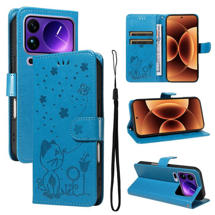 Funda de cuero con tapa para teléfono con estampado de gato y abeja, For Xiaomi 17 Max 5G, For Xiaomi 17T Pro 5G Global, For Xiaomi 17T 5G Global, For Xiaomi 17 Ultra, For Xiaomi 17 Pro Max, For Xiaomi 17, For Xiaomi Poco M7 4G 169mm                   ...