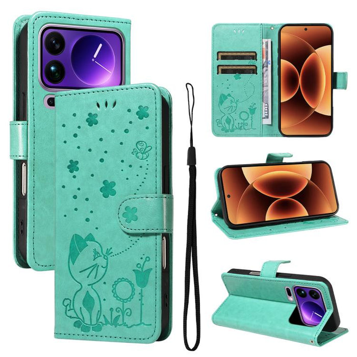 Funda de cuero con tapa para teléfono con estampado de gato y abeja, For Xiaomi 17 Max 5G, For Xiaomi 17T Pro 5G Global, For Xiaomi 17T 5G Global, For Xiaomi 17 Ultra, For Xiaomi 17 Pro Max, For Xiaomi 17, For Xiaomi Poco M7 4G 169mm                   ...