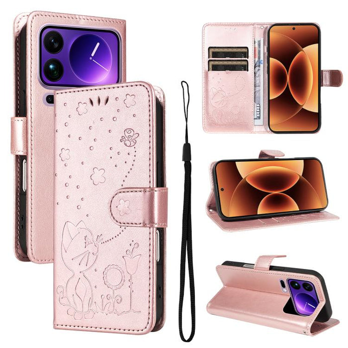 Funda de cuero con tapa para teléfono con estampado de gato y abeja, For Xiaomi 17 Max 5G, For Xiaomi 17T Pro 5G Global, For Xiaomi 17T 5G Global, For Xiaomi 17 Ultra, For Xiaomi 17 Pro Max, For Xiaomi 17, For Xiaomi Poco M7 4G 169mm                   ...