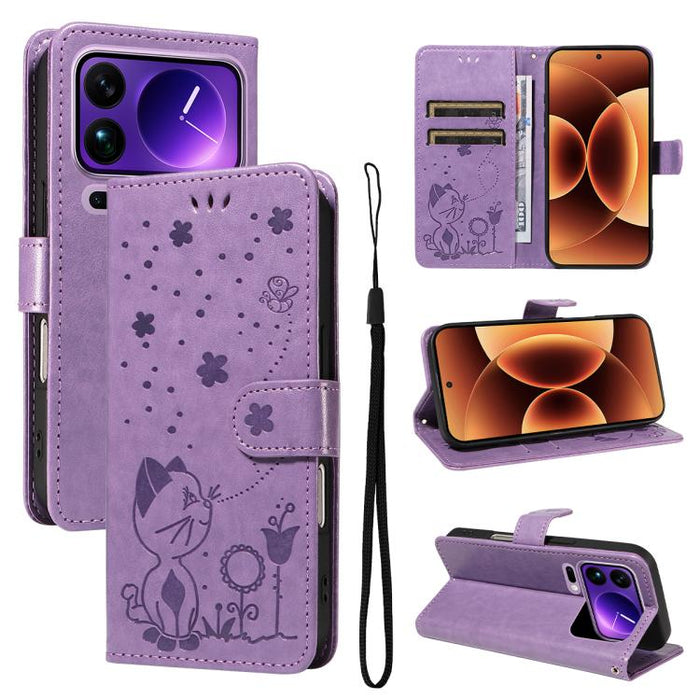 Funda de cuero con tapa para teléfono con estampado de gato y abeja, For Xiaomi 17 Max 5G, For Xiaomi 17T Pro 5G Global, For Xiaomi 17T 5G Global, For Xiaomi 17 Ultra, For Xiaomi 17 Pro Max, For Xiaomi 17, For Xiaomi Poco M7 4G 169mm                   ...