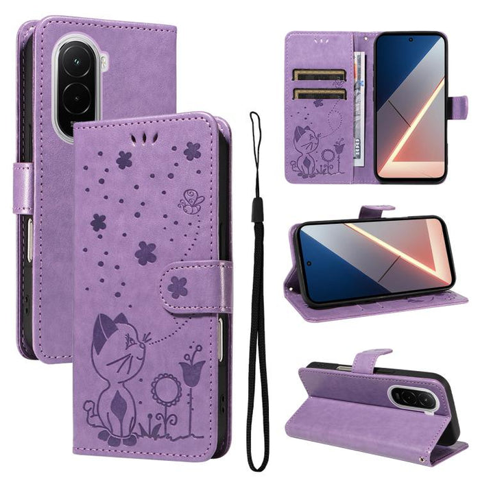 Funda de cuero con tapa para teléfono con estampado de gato y abeja, For Xiaomi 17 Max 5G, For Xiaomi 17T Pro 5G Global, For Xiaomi 17T 5G Global, For Xiaomi 17 Ultra, For Xiaomi 17 Pro Max, For Xiaomi 17, For Xiaomi Poco M7 4G 169mm                   ...