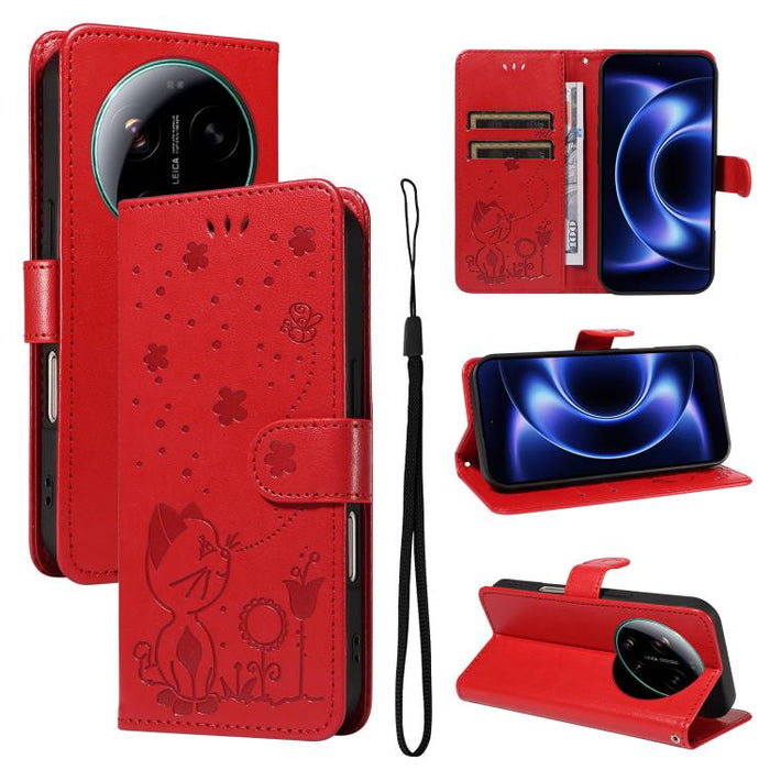Funda de cuero con tapa para teléfono con estampado de gato y abeja, For Xiaomi 17 Max 5G, For Xiaomi 17T Pro 5G Global, For Xiaomi 17T 5G Global, For Xiaomi 17 Ultra, For Xiaomi 17 Pro Max, For Xiaomi 17, For Xiaomi Poco M7 4G 169mm                   ...