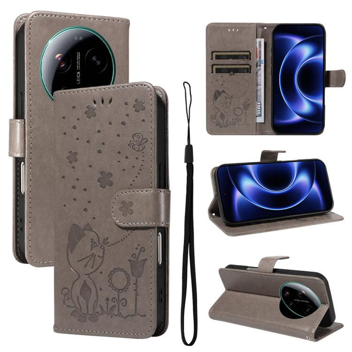 Funda de cuero con tapa para teléfono con estampado de gato y abeja, For Xiaomi 17 Max 5G, For Xiaomi 17T Pro 5G Global, For Xiaomi 17T 5G Global, For Xiaomi 17 Ultra, For Xiaomi 17 Pro Max, For Xiaomi 17, For Xiaomi Poco M7 4G 169mm                   ...