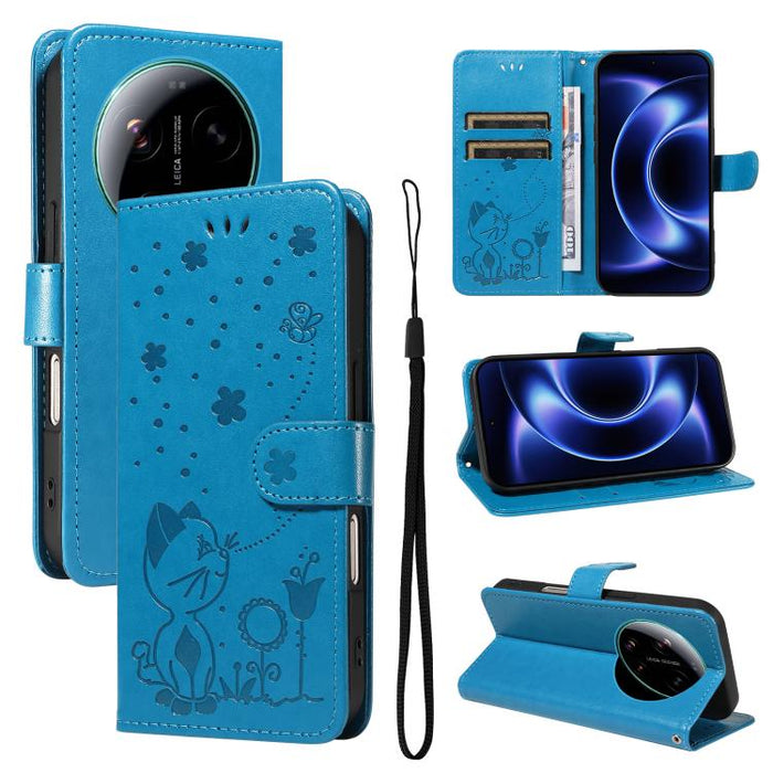 Funda de cuero con tapa para teléfono con estampado de gato y abeja, For Xiaomi 17 Max 5G, For Xiaomi 17T Pro 5G Global, For Xiaomi 17T 5G Global, For Xiaomi 17 Ultra, For Xiaomi 17 Pro Max, For Xiaomi 17, For Xiaomi Poco M7 4G 169mm                   ...