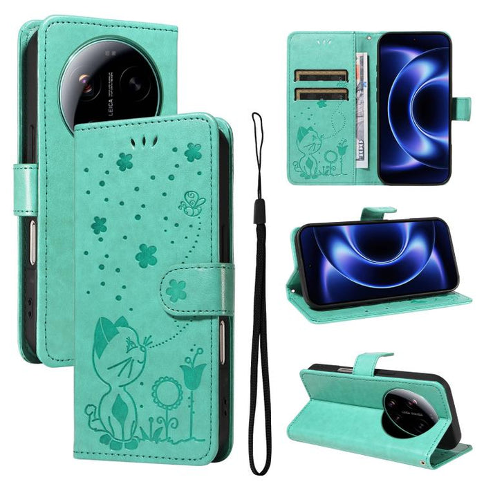 Funda de cuero con tapa para teléfono con estampado de gato y abeja, For Xiaomi 17 Max 5G, For Xiaomi 17T Pro 5G Global, For Xiaomi 17T 5G Global, For Xiaomi 17 Ultra, For Xiaomi 17 Pro Max, For Xiaomi 17, For Xiaomi Poco M7 4G 169mm                   ...
