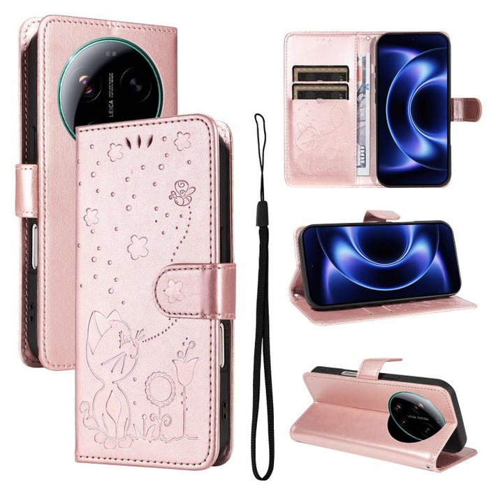 Funda de cuero con tapa para teléfono con estampado de gato y abeja, For Xiaomi 17 Max 5G, For Xiaomi 17T Pro 5G Global, For Xiaomi 17T 5G Global, For Xiaomi 17 Ultra, For Xiaomi 17 Pro Max, For Xiaomi 17, For Xiaomi Poco M7 4G 169mm                   ...