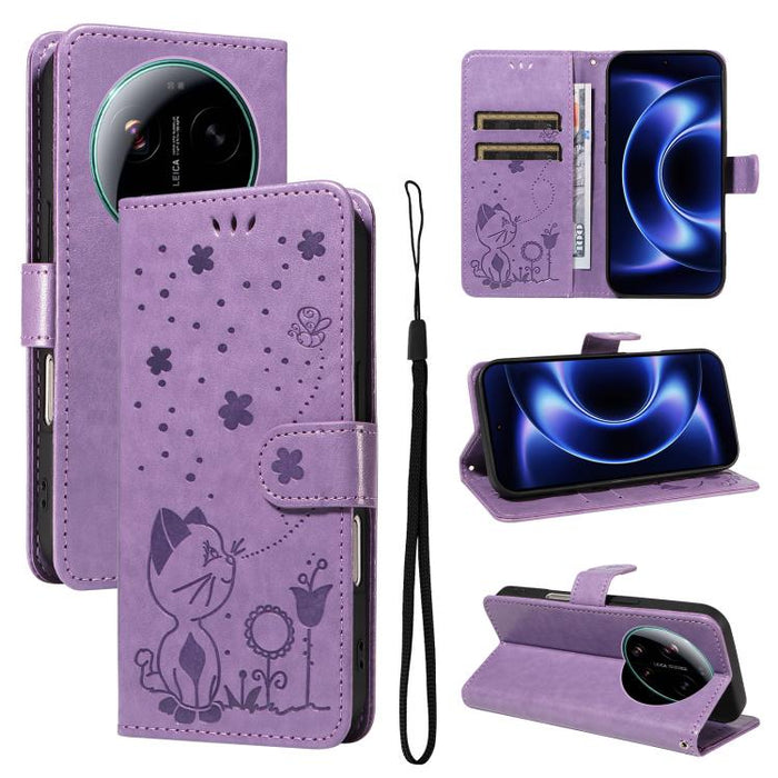 Funda de cuero con tapa para teléfono con estampado de gato y abeja, For Xiaomi 17 Max 5G, For Xiaomi 17T Pro 5G Global, For Xiaomi 17T 5G Global, For Xiaomi 17 Ultra, For Xiaomi 17 Pro Max, For Xiaomi 17, For Xiaomi Poco M7 4G 169mm                   ...