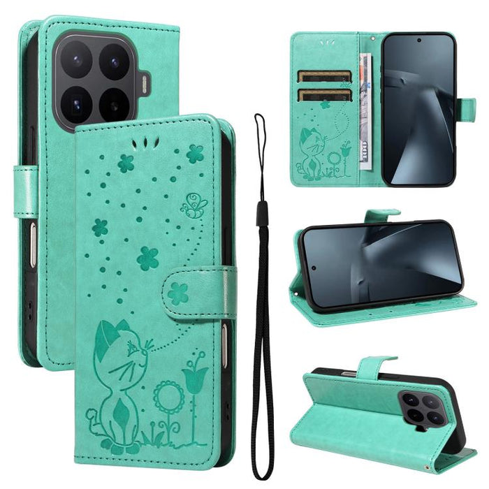 Funda de cuero con tapa para teléfono con estampado de gato y abeja, For Xiaomi 17 Max 5G, For Xiaomi 17T Pro 5G Global, For Xiaomi 17T 5G Global, For Xiaomi 17 Ultra, For Xiaomi 17 Pro Max, For Xiaomi 17, For Xiaomi Poco M7 4G 169mm                   ...