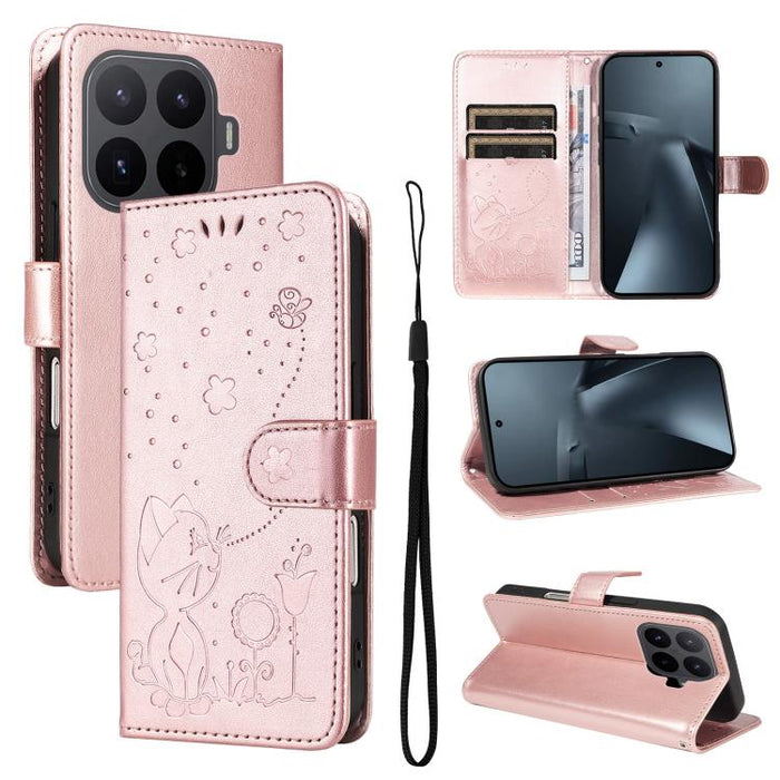 Funda de cuero con tapa para teléfono con estampado de gato y abeja, For Xiaomi 17 Max 5G, For Xiaomi 17T Pro 5G Global, For Xiaomi 17T 5G Global, For Xiaomi 17 Ultra, For Xiaomi 17 Pro Max, For Xiaomi 17, For Xiaomi Poco M7 4G 169mm                   ...
