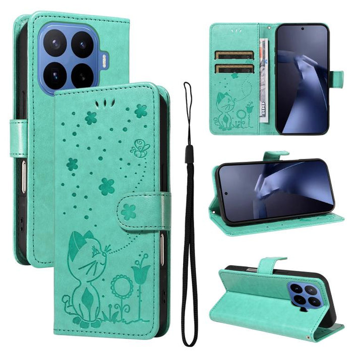 Funda de cuero con tapa para teléfono con estampado de gato y abeja, For Xiaomi 17 Max 5G, For Xiaomi 17T Pro 5G Global, For Xiaomi 17T 5G Global, For Xiaomi 17 Ultra, For Xiaomi 17 Pro Max, For Xiaomi 17, For Xiaomi Poco M7 4G 169mm                   ...