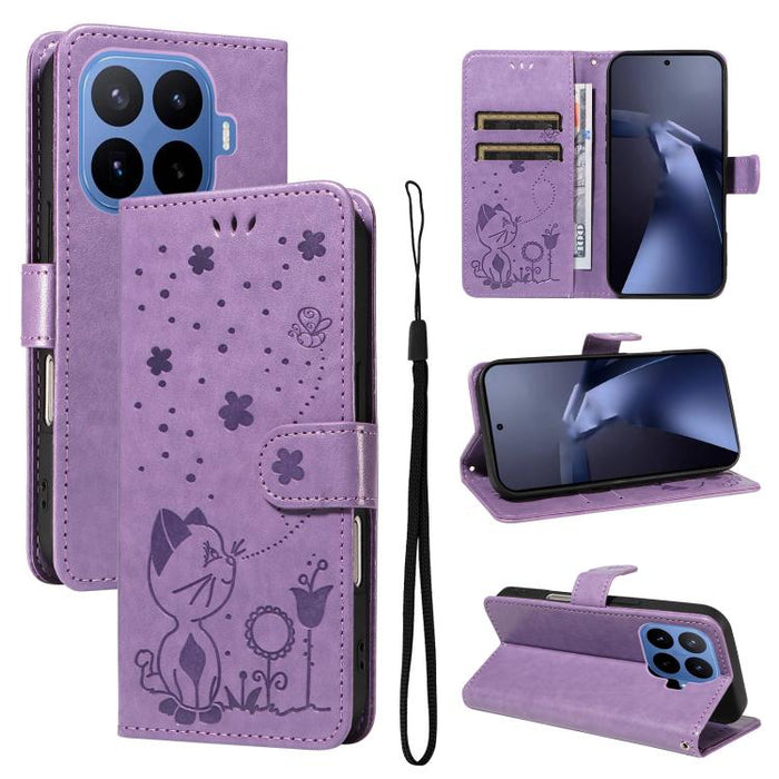 Funda de cuero con tapa para teléfono con estampado de gato y abeja, For Xiaomi 17 Max 5G, For Xiaomi 17T Pro 5G Global, For Xiaomi 17T 5G Global, For Xiaomi 17 Ultra, For Xiaomi 17 Pro Max, For Xiaomi 17, For Xiaomi Poco M7 4G 169mm                   ...
