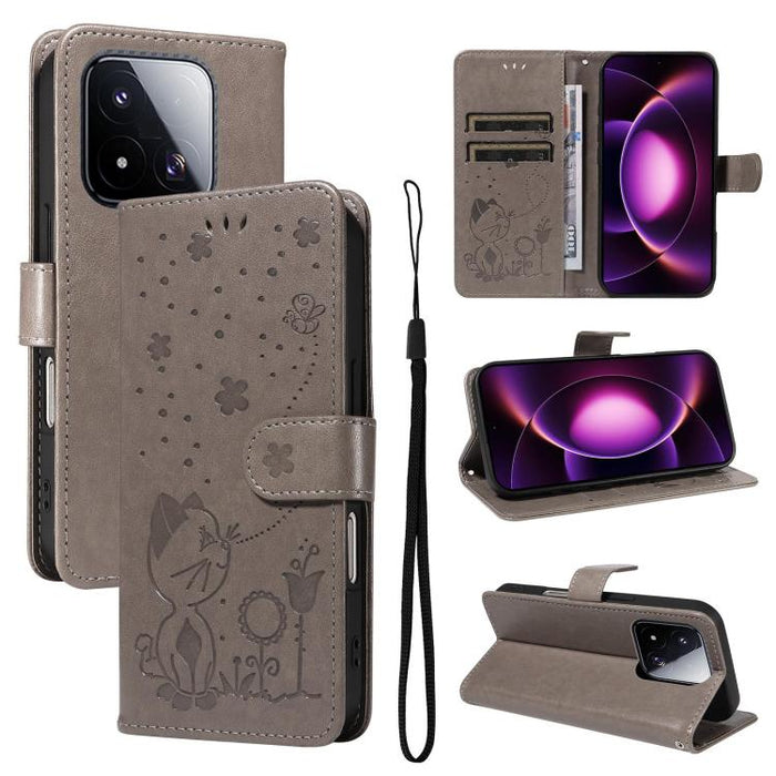 Funda de cuero con tapa para teléfono con estampado de gato y abeja, For Xiaomi 17 Max 5G, For Xiaomi 17T Pro 5G Global, For Xiaomi 17T 5G Global, For Xiaomi 17 Ultra, For Xiaomi 17 Pro Max, For Xiaomi 17, For Xiaomi Poco M7 4G 169mm                   ...