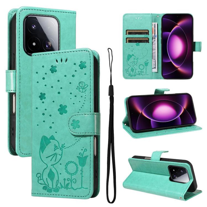 Funda de cuero con tapa para teléfono con estampado de gato y abeja, For Xiaomi 17 Max 5G, For Xiaomi 17T Pro 5G Global, For Xiaomi 17T 5G Global, For Xiaomi 17 Ultra, For Xiaomi 17 Pro Max, For Xiaomi 17, For Xiaomi Poco M7 4G 169mm                   ...