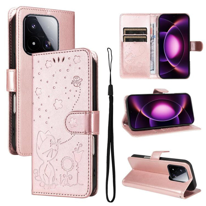 Funda de cuero con tapa para teléfono con estampado de gato y abeja, For Xiaomi 17 Max 5G, For Xiaomi 17T Pro 5G Global, For Xiaomi 17T 5G Global, For Xiaomi 17 Ultra, For Xiaomi 17 Pro Max, For Xiaomi 17, For Xiaomi Poco M7 4G 169mm                   ...