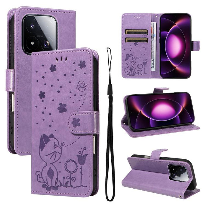 Funda de cuero con tapa para teléfono con estampado de gato y abeja, For Xiaomi 17 Max 5G, For Xiaomi 17T Pro 5G Global, For Xiaomi 17T 5G Global, For Xiaomi 17 Ultra, For Xiaomi 17 Pro Max, For Xiaomi 17, For Xiaomi Poco M7 4G 169mm                   ...