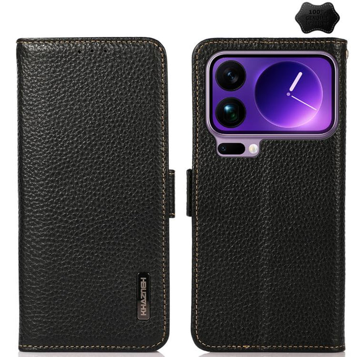 Funda para teléfono RFID de cuero genuino con diseño de lichi y con imán lateral de KHAZNEH, For Xiaomi 17T Pro 5G, For Xiaomi 17T 5G, For Xiaomi 17 Pro Max, For Xiaomi 17 Pro, For Xiaomi 17, For Xiaomi 15T Pro 5G, For Xiaomi 15T 5G, For Xiaomi 15 Ultr...