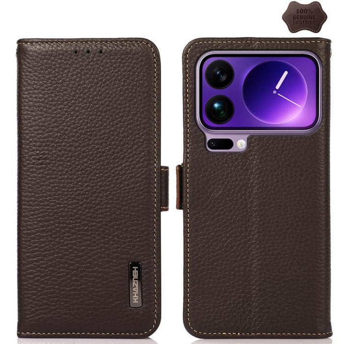 Funda para teléfono RFID de cuero genuino con diseño de lichi y con imán lateral de KHAZNEH, For Xiaomi 17T Pro 5G, For Xiaomi 17T 5G, For Xiaomi 17 Pro Max, For Xiaomi 17 Pro, For Xiaomi 17, For Xiaomi 15T Pro 5G, For Xiaomi 15T 5G, For Xiaomi 15 Ultr...
