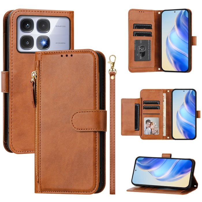 Estuche de cuero para teléfono con cremallera y ranuras para varias tarjetas, For Redmi Note 14 5G, For Redmi 14C 4G, For Redmi K70 Ultra 5G, For Redmi 13 5G / 4G Global, For Redmi A3 4G Global / A3X 4G, For Redmi Note 13 Pro 4G Global                 ...